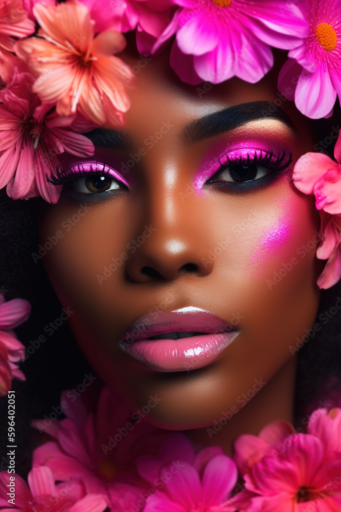 Naklejka premium Not real Person. Portrait of a beautiful young african woman's face with pink makeup surrounded with many flower blooms. Generative AI