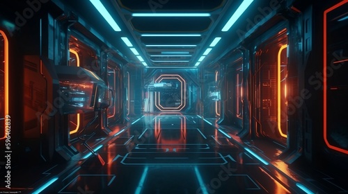 sci fi 3d neon installation style, dark aquamarine and orange mirror room. generative AI