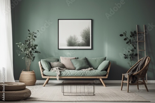 Green Sage Living Room Interior Design Created with Generative AI © dendyh7
