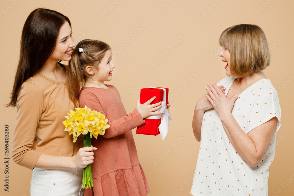 Side view happy women in casual clothes with child kid girl 6-7 years old. Granny mother daughter hold flower present box with ribbon bow isolated on plain beige background Family parent day concept