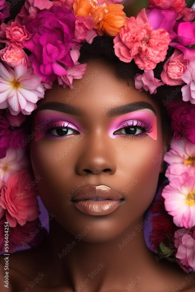 Not real Person. Portrait of a beautiful young african woman's face with pink makeup surrounded with many flower blooms. Generative AI Not real Person. Portrait of a beautiful young african woman's face with pink makeup surrounded with many flower blooms. Generative AI