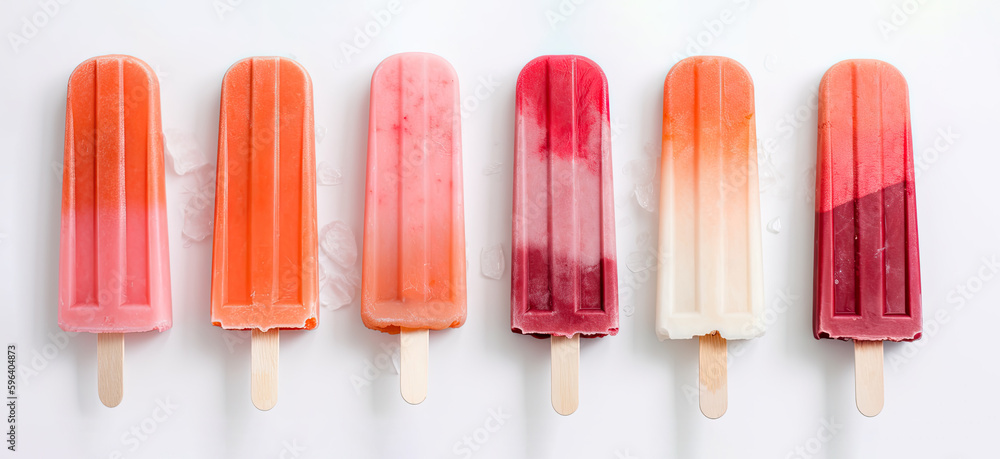 Panoramic view of isolated orange and strawberry popsicles on a white background. Generative AI Panoramic view of isolated orange and strawberry popsicles on a white background. Generative AI