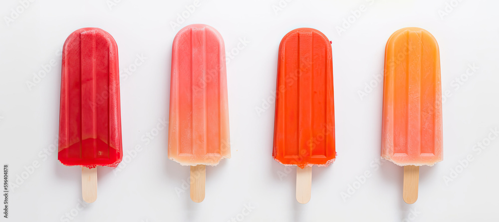 Panoramic view of isolated orange and strawberry popsicles on a white background. Generative AI Panoramic view of isolated orange and strawberry popsicles on a white background. Generative AI