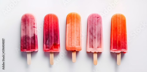 Panoramic view of isolated orange and strawberry popsicles on a white background. Generative AI