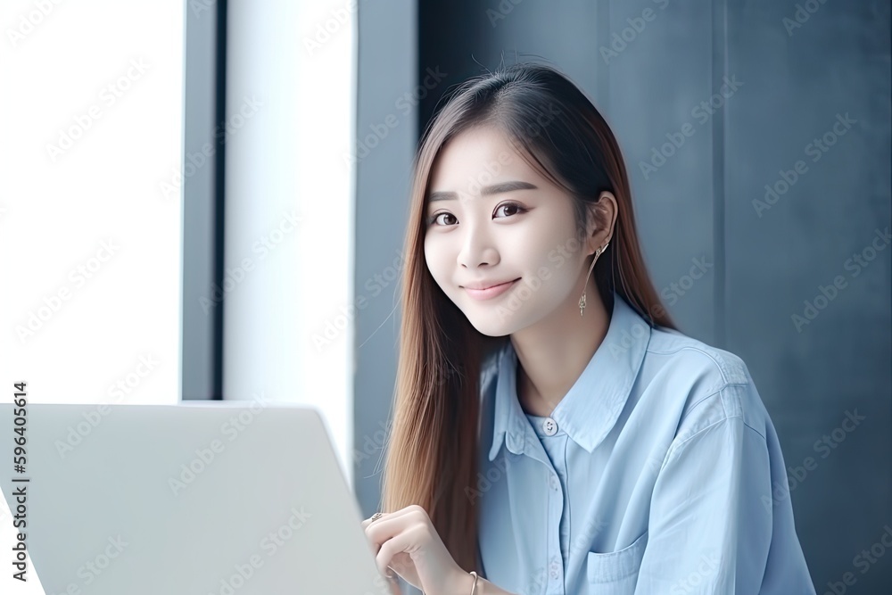 Portait of Asian business woman smile with computer laptop. Generative AI Portait of Asian business woman smile with computer laptop. Generative AI