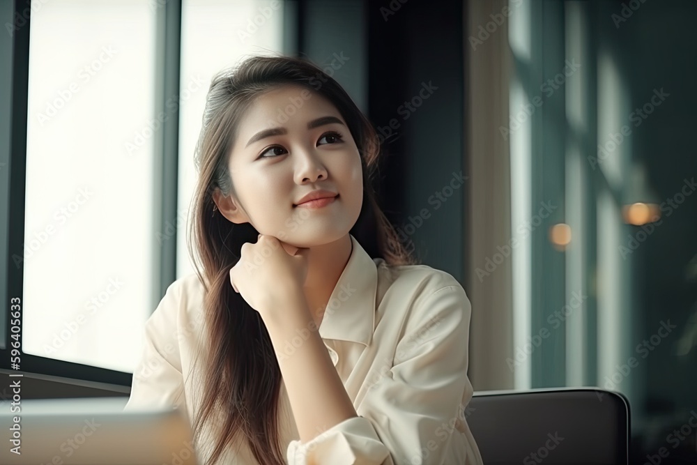 Portait of Asian business woman smile with computer laptop. Generative AI Portait of Asian business woman smile with computer laptop. Generative AI