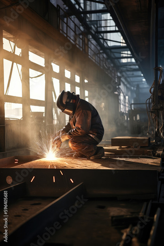 Fotografering worker welds the metal hull of the ship in the shipyard , Ai generative