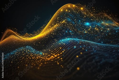 Futuristic big data visualization wave connecting neural network and moving on earth.Generative AI