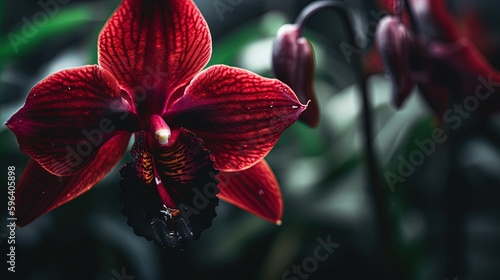 A close up of a red flower with water droplets on it
