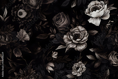 Black and white seamless abstract roses, ai generative illustration