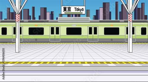 Japan railway or train station platform with green color passenger car train background with building in the city drawing in colorful vector