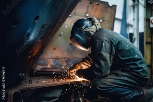 worker welds the metal hull of the ship in the shipyard , Ai generative © ZoomTeam
