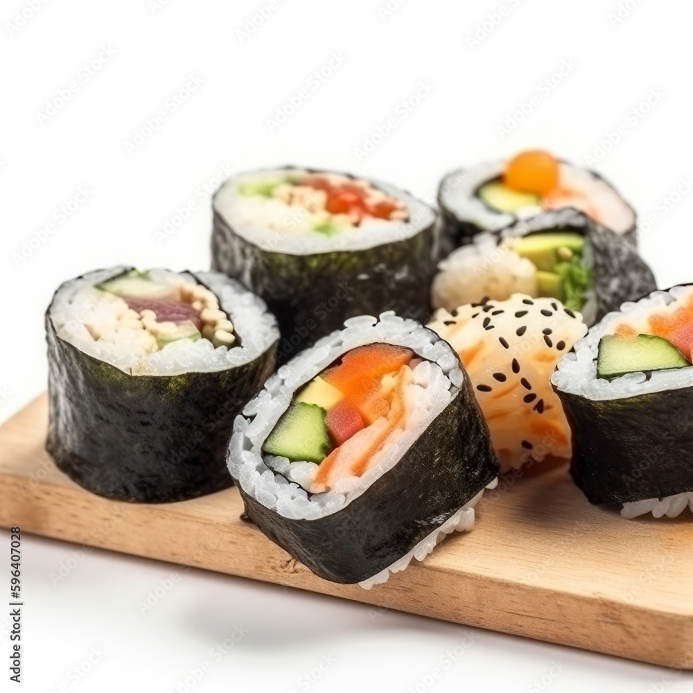 Delicious sushi preparation with plain white background. Generative AI. Delicious sushi preparation with plain white background. Generative AI.
