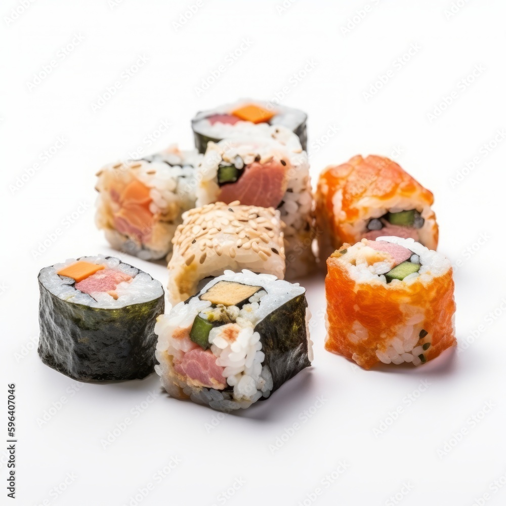 Delicious sushi preparation with plain white background. Generative AI. Delicious sushi preparation with plain white background. Generative AI.