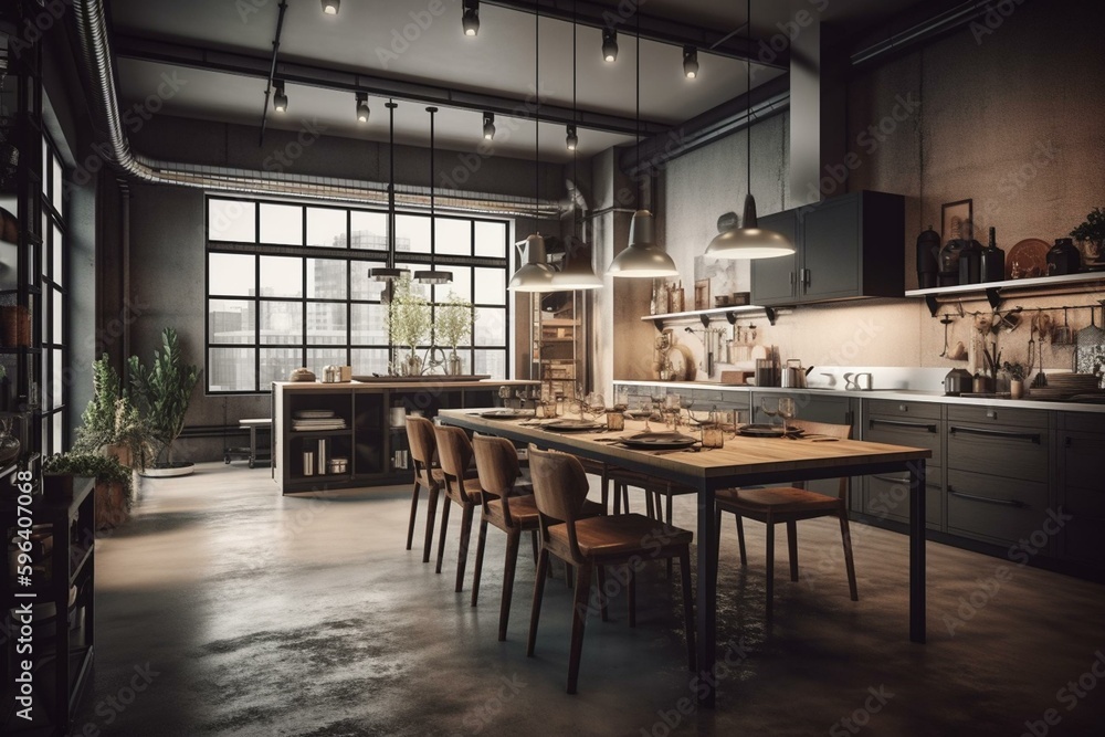 A chic urban industrial kitchen and dining area with a contemporary open layout. Generative AI