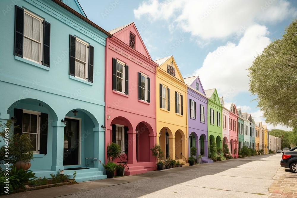 Vibrant Charleston rainbow homes. Generative AI