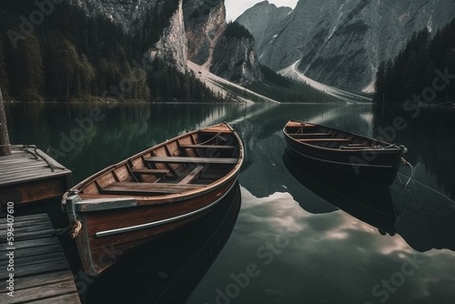 Boats on a mountain lake in Dolomites. Generative AI