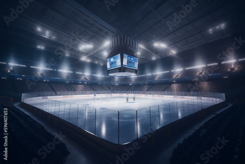 Stunning ice hockey arena with VIP boxes, black seats, floodlights for 50,000 fans - 3D rendering. Generative AI