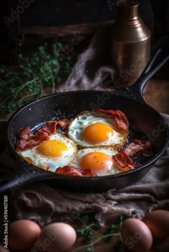 A skillet with eggs and bacon cooking in it. Fried, and crispy breakfast. The frying pan is on a dark wooden surface.generative ai