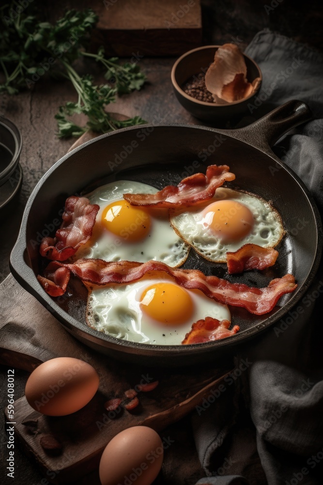 A skillet with eggs and bacon cooking in it. Fried, and crispy breakfast. The frying pan is on a dark wooden surface.generative ai