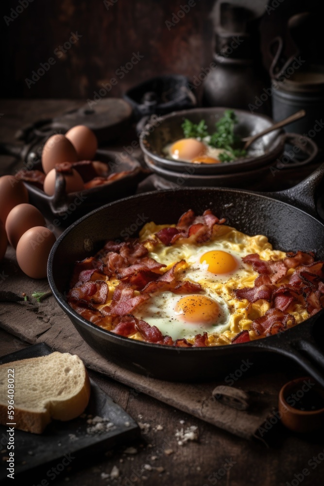 A skillet with eggs and bacon cooking in it. Fried, and crispy breakfast. The frying pan is on a dark wooden surface.generative ai A skillet with eggs and bacon cooking in it. Fried, and crispy breakfast. The frying pan is on a dark wooden surface.generative ai