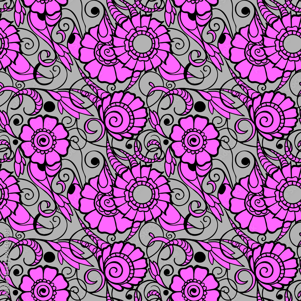 seamless pattern of large pink flowers with a black outline on a gray background, texture, design seamless pattern of large pink flowers with a black outline on a gray background, texture, design
