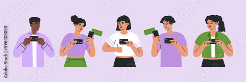 Set of different people with bank cards and mobiles. Cashless payment via phone, transfer money, online shopping. Hand drawn vector illustration isolated on purple background. Flat cartoon style.