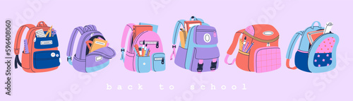 Set of different school backpack and schoolbag. Collection of colorful children bags with stationery, textbooks. Hand drawn vector illustration isolated on purple background. Modern flat cartoon style