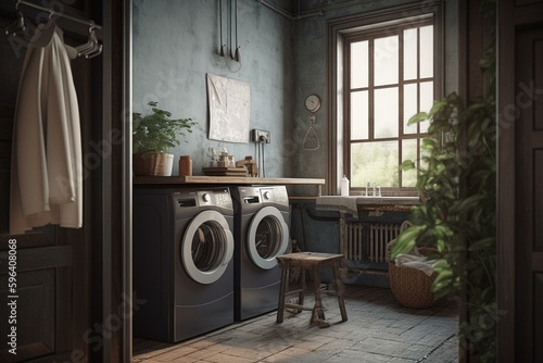 A vintage laundry room with a washing machine rendered in 3D. Generative AI