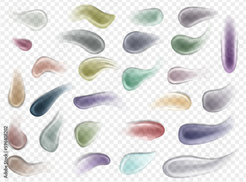 Cream smears. Scrub and gel smears swatch set. Cosmetics product. Realistic 3d skin care products swatches vector set