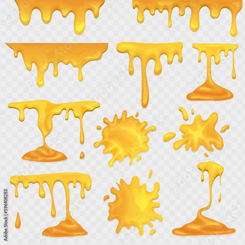 Honey flowing and dripping set. Maple syrup, caramel and sweet sugar. Realistic vector yellow sweet honey blots and splash set.