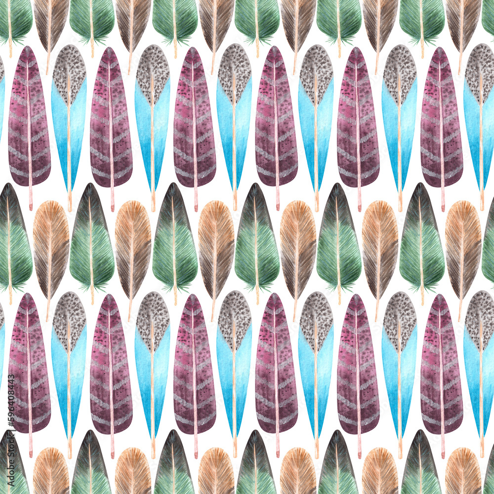 Watercolor hand drawn painted seamless endless pattern with lots of disordered different bird feathers and quills in a row with gradient colors and spots, dots on beige background.Ornament for print Watercolor hand drawn painted seamless endless pattern with lots of disordered different bird feathers and quills in a row with gradient colors and spots, dots on beige background.Ornament for print
