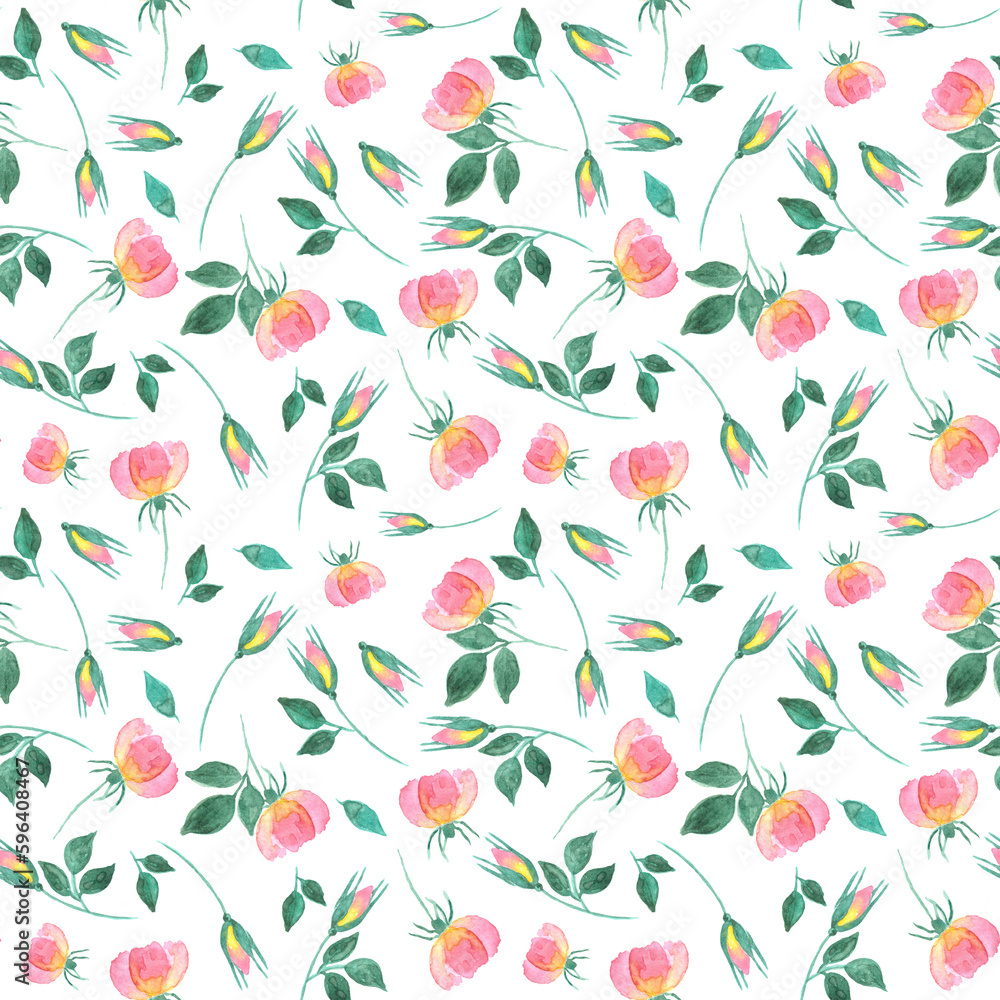 Hand painted pink yellow gradient colored roses with green leaves as summer spring seamless pattern on white background for print cards, invitations, scrapbooking and wrapper.