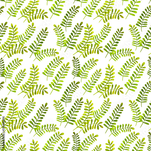 Watercolor seamless pattern with dark and light green wild meadow plants on white background. Aquarelle hand drawn illustration as design element
