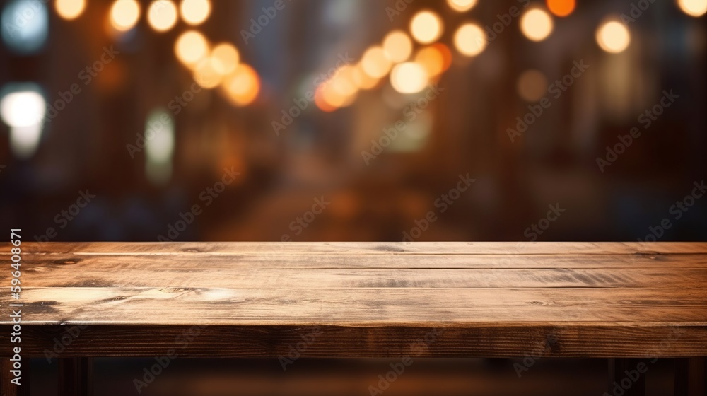 Empty wooden table for product display background, banner and product advertisement mock up with an empty restaurant behind, AI generated