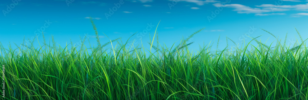 Obraz premium a green grassy background with clear blue skies. Generative Ai. 