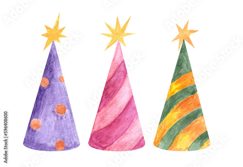 Different coloredhand drawn watercolor party hats. Isolated birthday b-day party design aquarelle element on white.