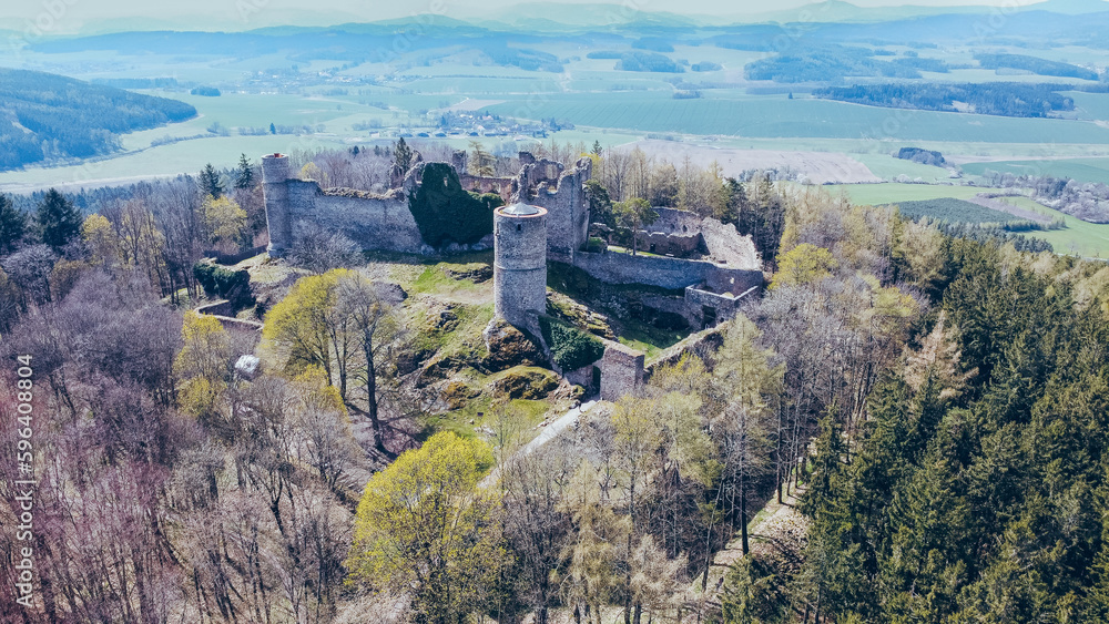 Aerial shot of the castle in the middle of the woods. A ruined castle located on a hill in the middle of the woods. Medieval castle tower.