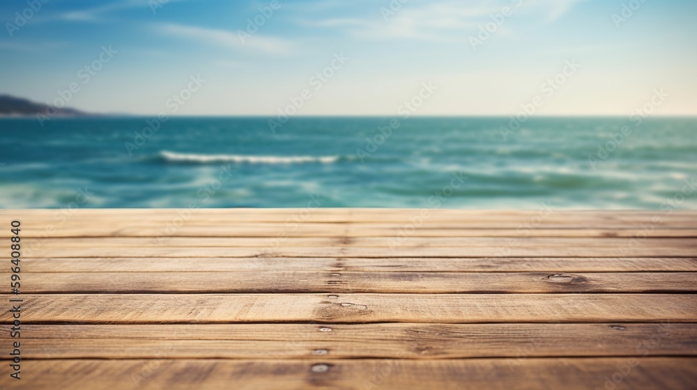 Empty wooden table for product display background, banner and product advertisement mock up with a beautiful ocean behind, AI generated Empty wooden table for product display background, banner and product advertisement mock up with a beautiful ocean behind, AI generated
