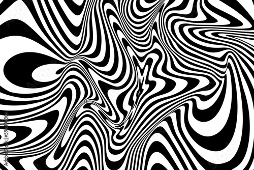 Decoration Hypnotic Illusion with Liquid Black and White Color. Optical Psychedelic Swirl with Monochrome Fluid Flow. Abstract Design Op Hypnosis. Vector Illustration.