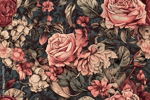 Seamless retro vintage roses pattern, ai generative illustration