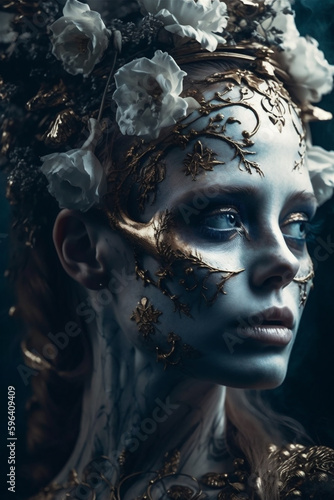 Fantasy skull make up woman portrait. Concept of beauty, death and Halloween. Generative AI painting © Alex Tihonov