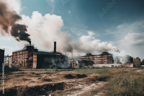 Tall factories smoking on ground, blue sky background. Generative AI