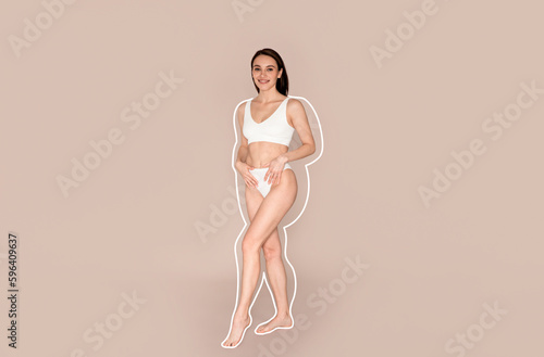 Slim young woman in underwear with body contours around