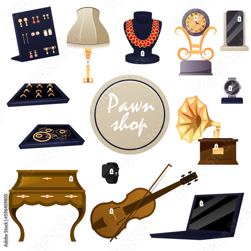 Pawn shop collection. Cartoon pawnbroker sells jewelry collection to customer, store interior. Pawnshop services. Customers Buy and Sell Precious Metals Jewels