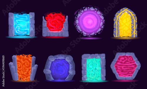 Cartoon portals. Fantasy game gate. Magic fantasy game teleports. Circle and square teleportation doors. Archway or doorway with colorful lighting auras.