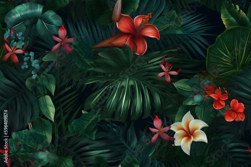 Seamless vintage tropical floral pattern, ai generative illustration