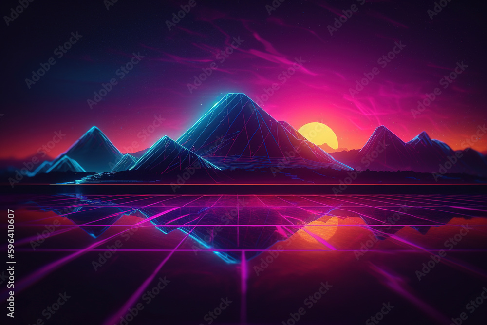 Retro neon synthwave wallpaper with mountains. Ai