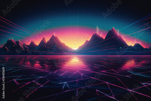 Abstract landscape synthwave wallpaper. Ai