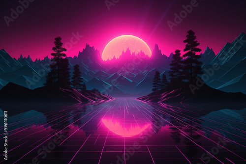Retro neon synthwave wallpaper with mountains. Ai